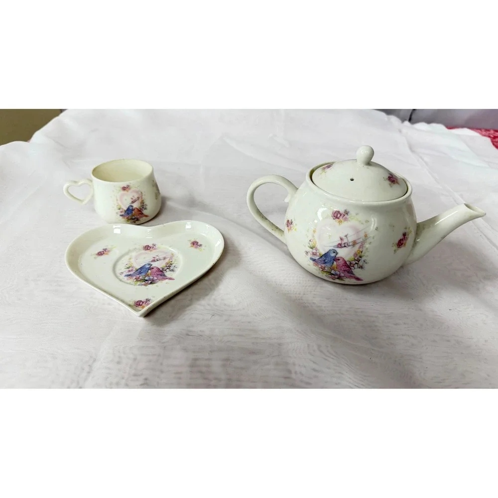 Morgana Collection Fine China Tea Set Heart Saucer Lovebirds Floral 3 Piece